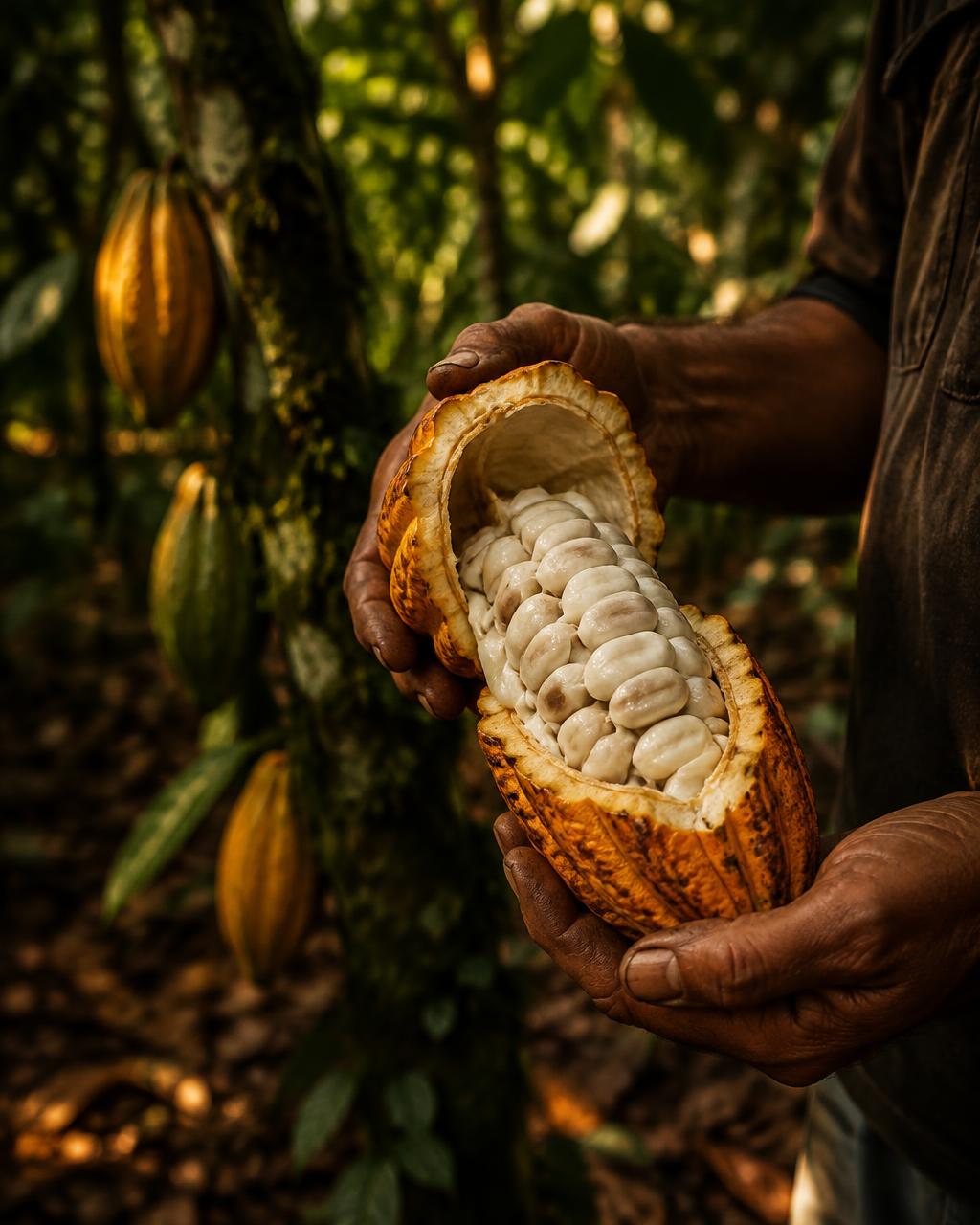 Manos de productor abriendo una mazorca de cacao